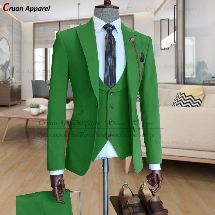 

Newest Green Wedding Dress Groom Tuxedo 3 Piece Tailor-made Stylish Party Prom Suit Male Jacket Vest Pants Set Business Tuxedo