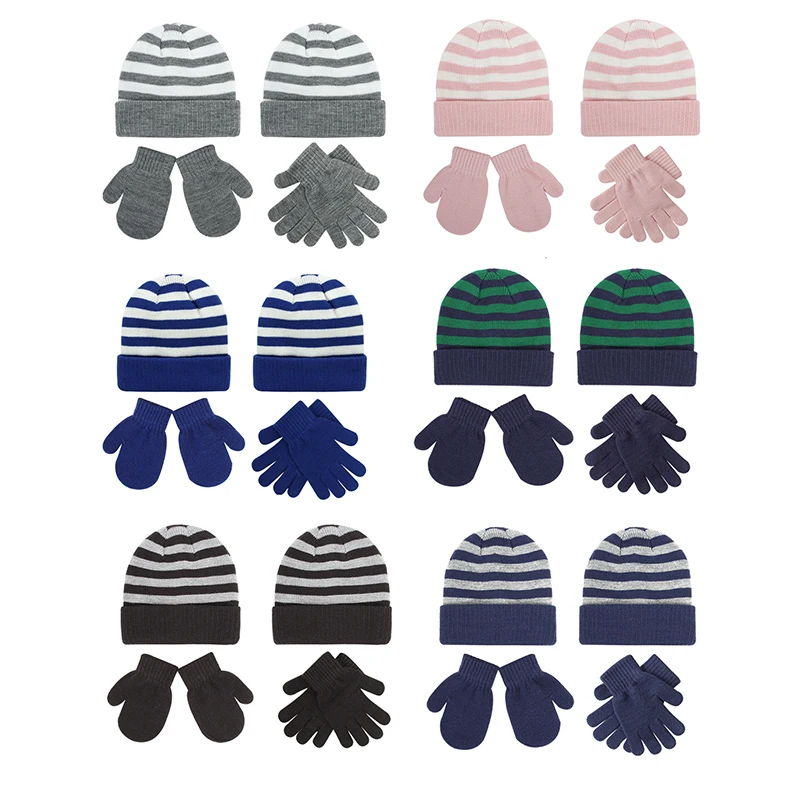 1-8 Years Children 's Autumn and Winter Hats Baby Warm Knitted Hats + Gloves Suits Boys Girls Striped Hats