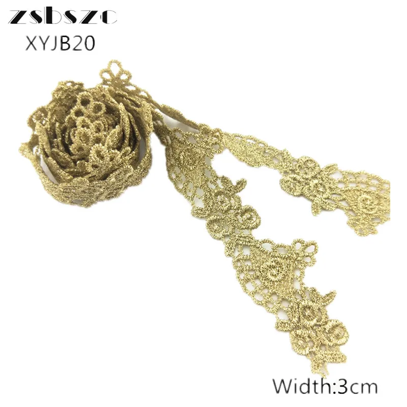 3CM Width 10Yards New Design Gold Lace  Ribbon Flower Embroidery Lace Fabric For Garment Sewing Accessories Applique Crafts