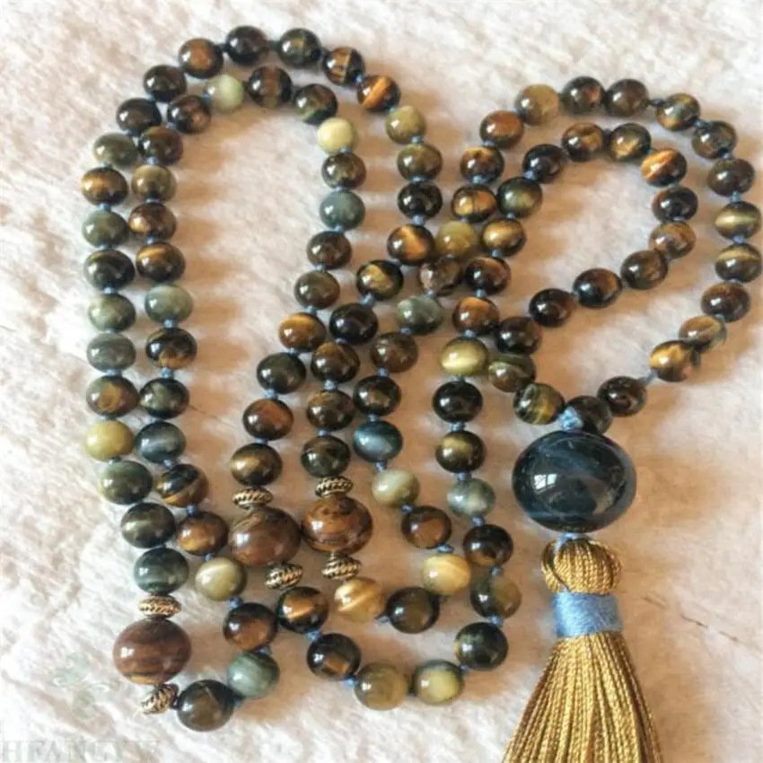 

8mm Tigereye Necklace Buddhism yoga Meditation Chakas MONK Hot natural Sutra Wrist Healing Gemstone Tassel Mala Prayer Men