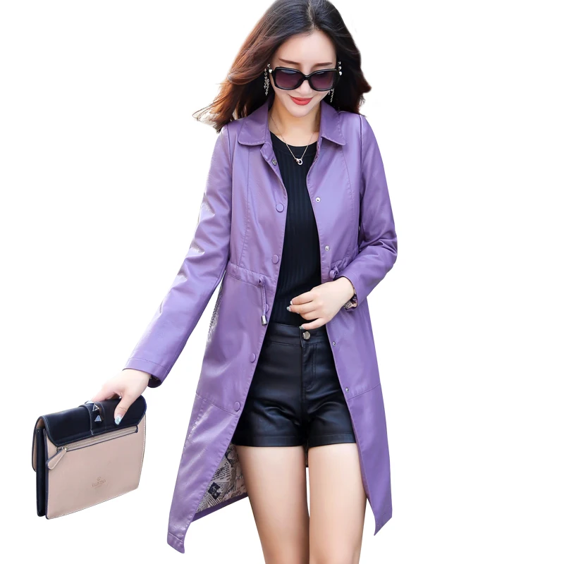 Hot Spring New Ladys Korean Casual Slim Outwear Women Fashion Lapel Collar Long Sleeve Leather Jacket Female Tide Sheepskin Coat