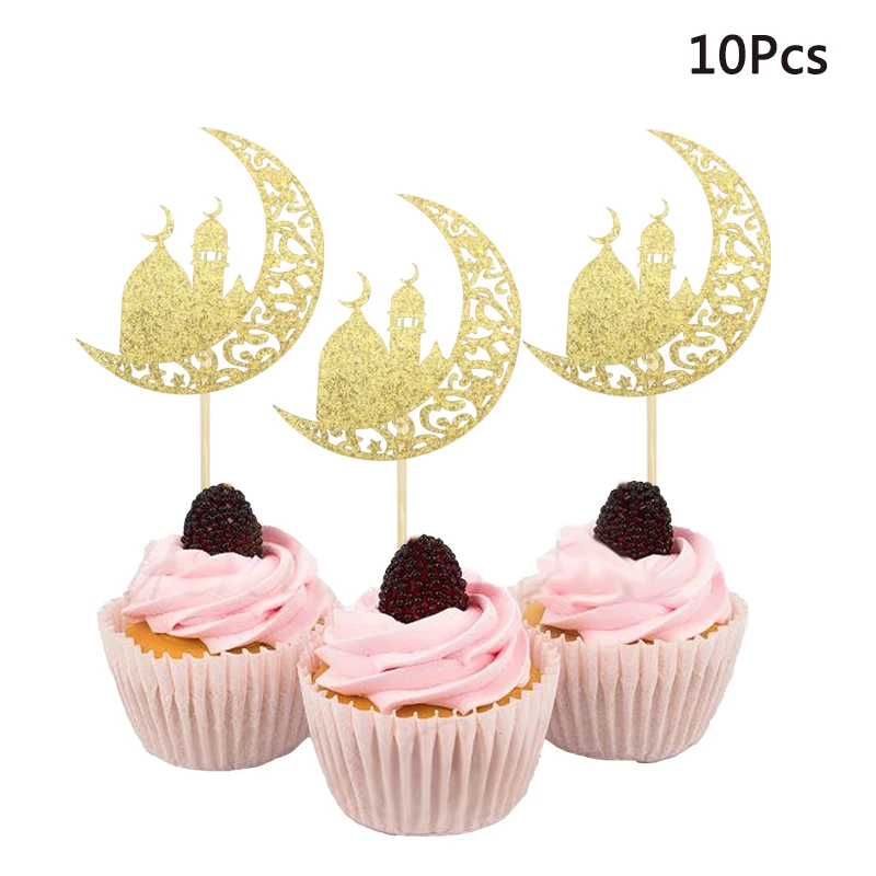 10Pcs Gold EID Mubarak Moon Castle Cupcake Toppers Ramadan Kareem Decor 2023 Islamic Muslim Party Eid al-Fitr Cake Home Supplies view 6