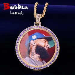 Bubble Letter Men Necklace Custom Photo Chain Picture Personalized Pendant Purple Stones Real Gold Plated Hip Hop Jewelry