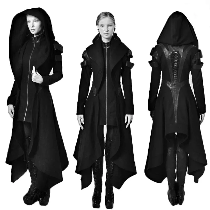 

Halloween Cosplay Steampunk Medieval Punk Costume Adult Women Black Long Hooded Jacket Gothic Armor Leather Coats 5XL