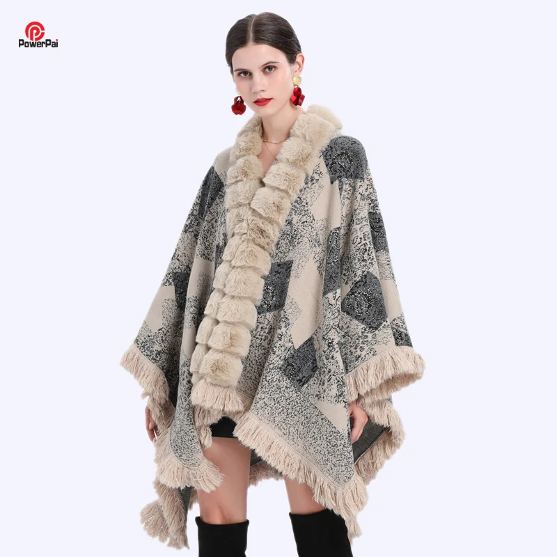 

Fashion Bamboo Joint Faux Rabbit Fur Cape Coat Winter Women Knit Leopard Flowers Tassels Cardigan Cloak Irregular Long Wraps