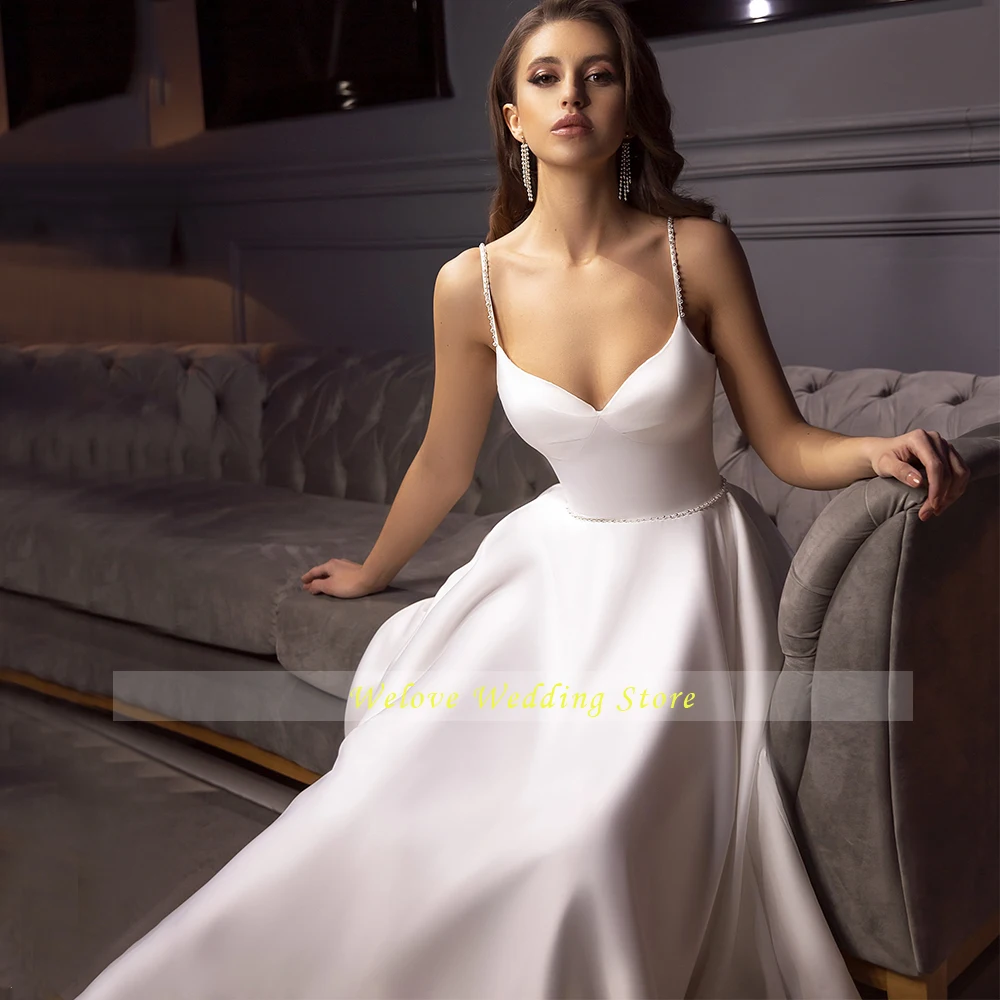 Querida vestidos de casamento chá comprimento simples cintas de espaguete vestido de noiva aberto volta sem mangas vestidos personalizados novia a linha