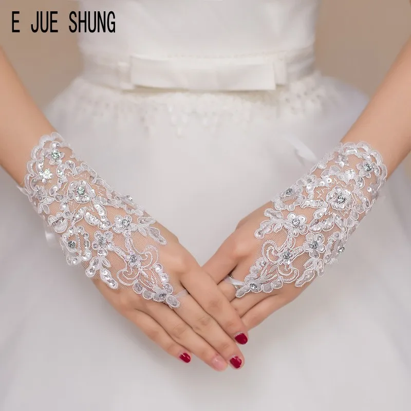 E JUE SHUNG Bride Wedding Gloves Bridal Gloves Elegant Short Rhinestone White Lace Glove For Bridal Wedding Accessories