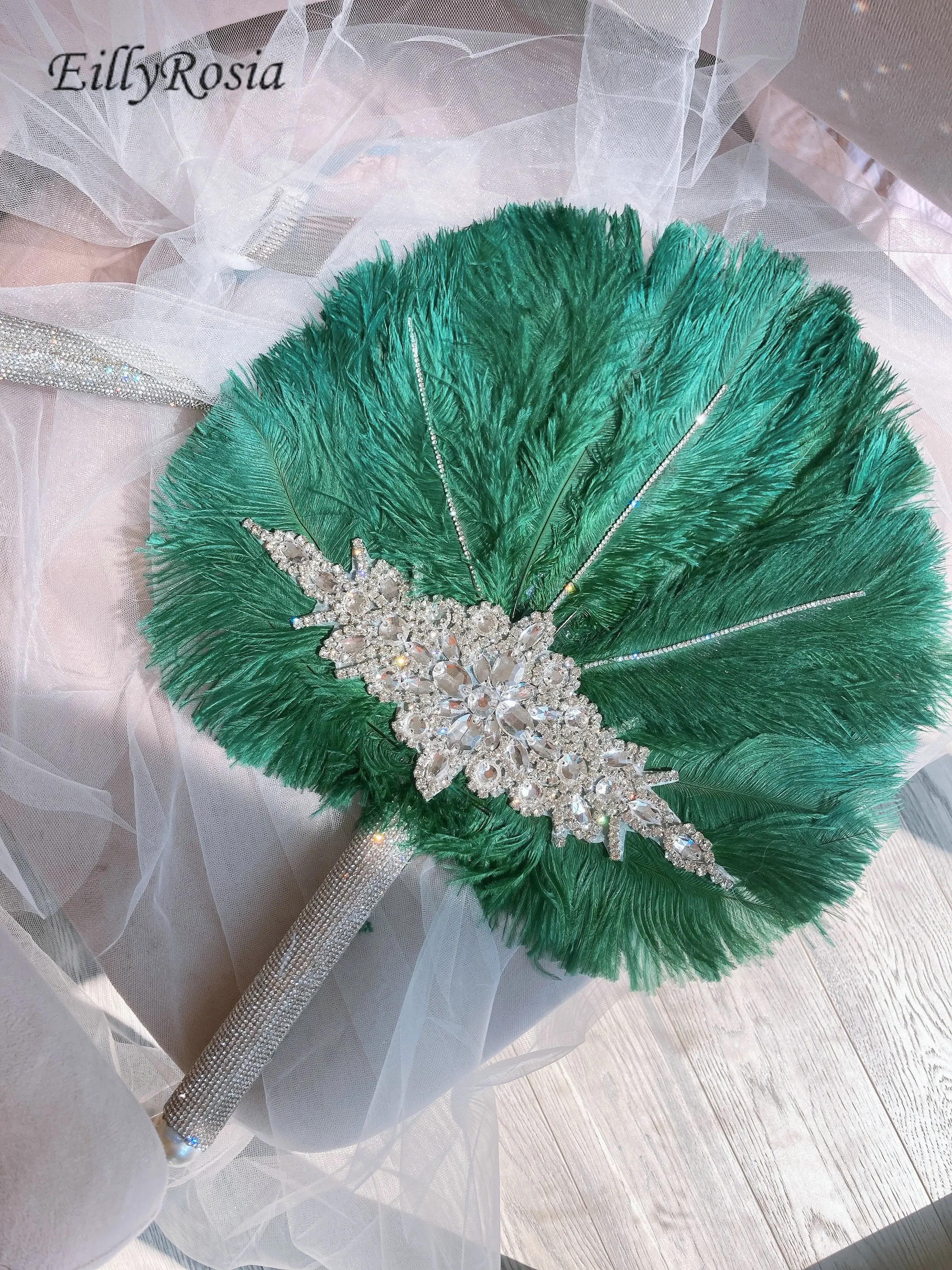 Ellyrosia branco casamento pena fã avestruz alternativa broche bouquet noiva personalizado cor grande gatsby 1920s fã bouquet