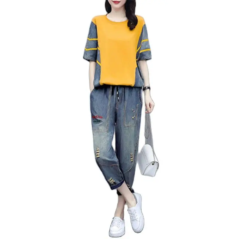 Casual professional denim suit ladies 2022 summer new fashion M-4XL Loose sports two-piece suit A478