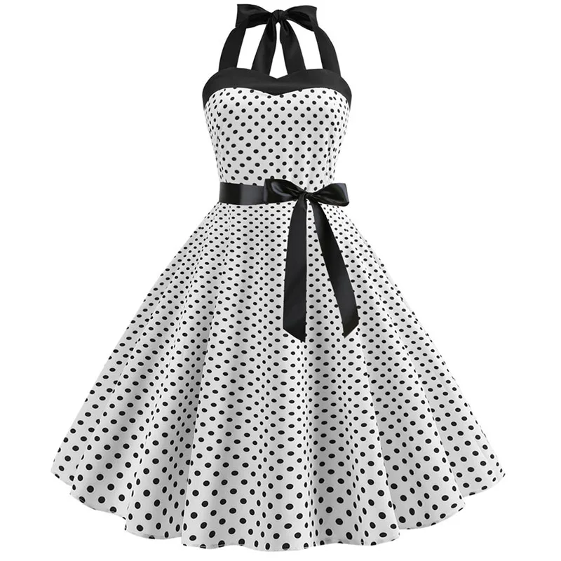 Women Polka Dot Print Summer Dress Sexy Retro White Halter Vintage Dress 2024 Robe Femme Pin Up Rockabilly Party Dress