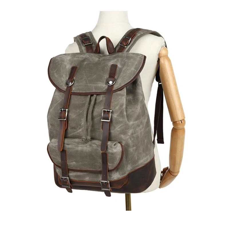Vintage Waterproof Waxed Canvas Men's Backpack Genuine Leather Women Backpack large Rucksale teenager Travel Bag Big bagpack