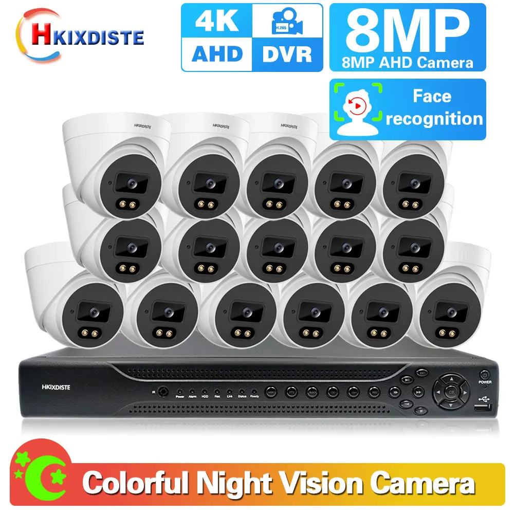 

Внутренний фотоаппарат, полный комплект, 4K 16CH DVR Kit 8MP Colorvu Night Security AI, купольная камера с распознаванием лица, система видеонаблюдения