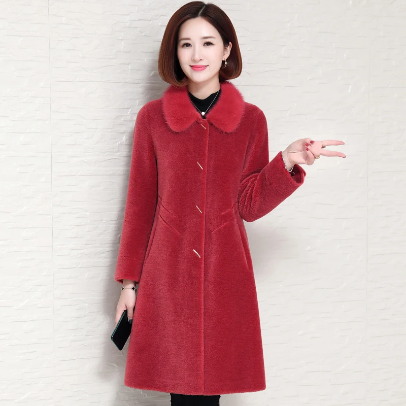 

100% Wool Jacket Women's Autumn Winter Coat Women Real Mink Fur Collar Manteau Femme HK064 YY1271