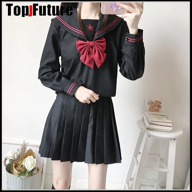 HIHG GRADE Red Sakura Stickerei Japanischen Uniformen Schwarz Nette Sailor Tops Plissee Rock Volle Sets Cosplay JK Kostüm