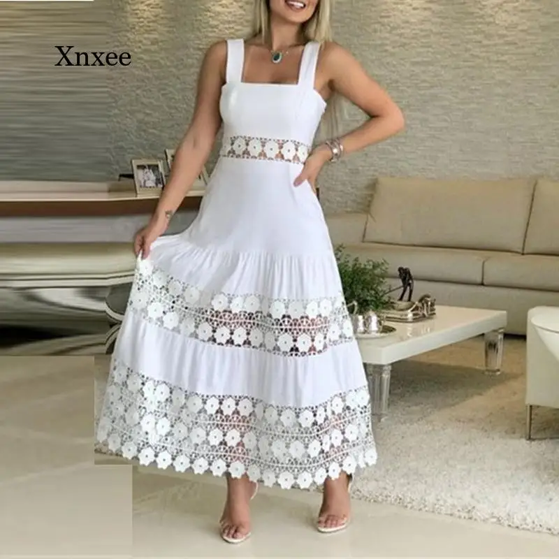 

Hollow Out Lace Dress Spring Summer Sleeveless Robe Women Off Shoulder Straps Party Fashion Solid Long Holiday Beach Outfits