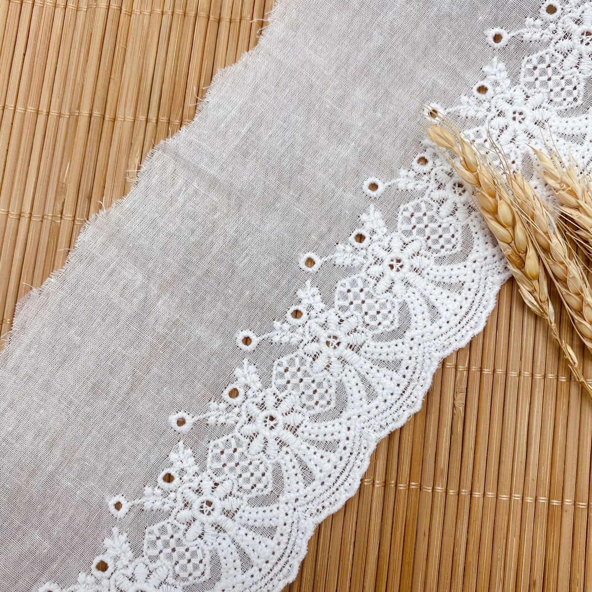 9CM Width 3Yards Hollow Embroidery Flower White Cotton Lace Fabric DIY Wedding Cloth Sewing Garment Accessories