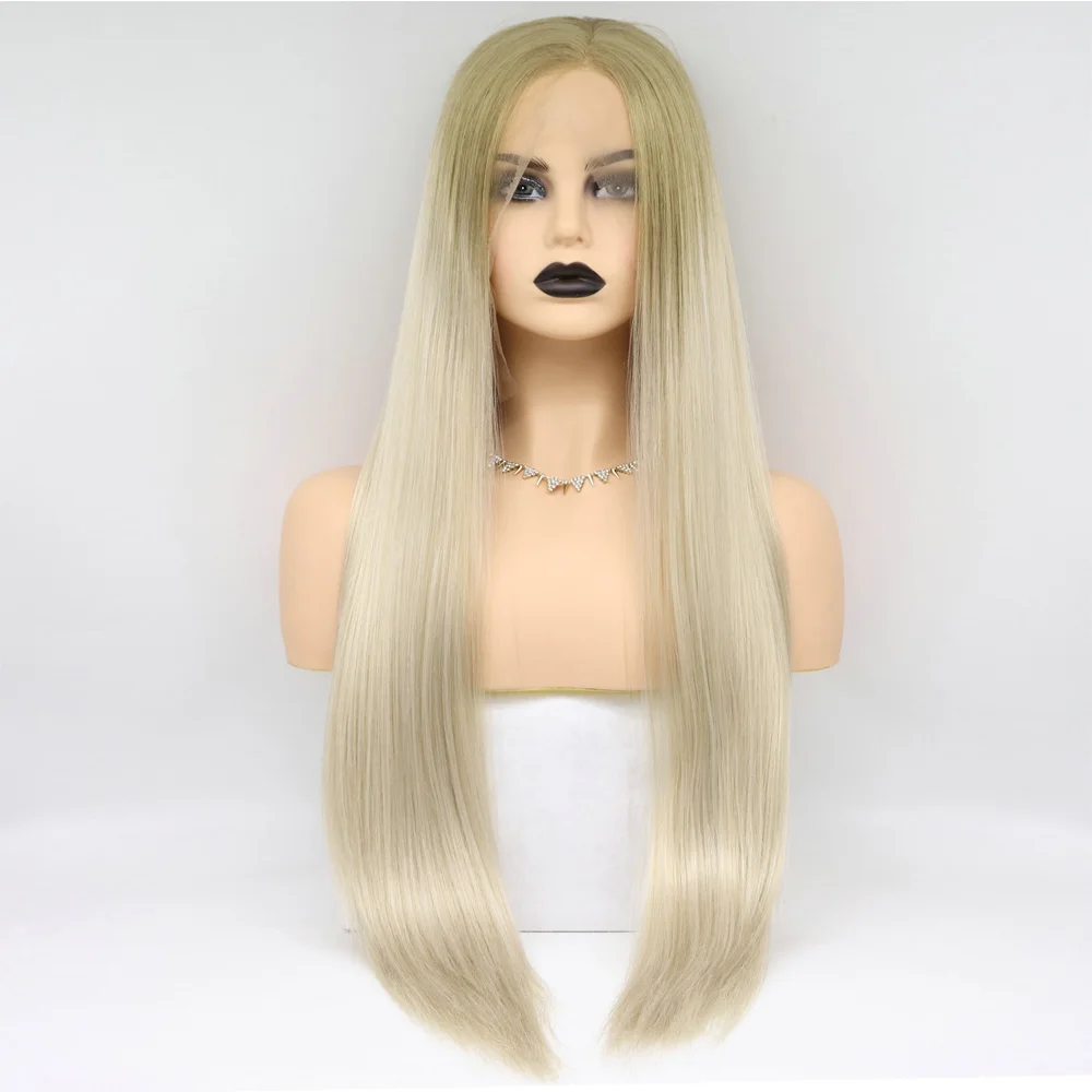 Sylvia Ombre Blonde Glueless Lace Front Wigs 2 Tone Color Brown Roots side Part Long Straight Heat Resistant Synthetic womenHair