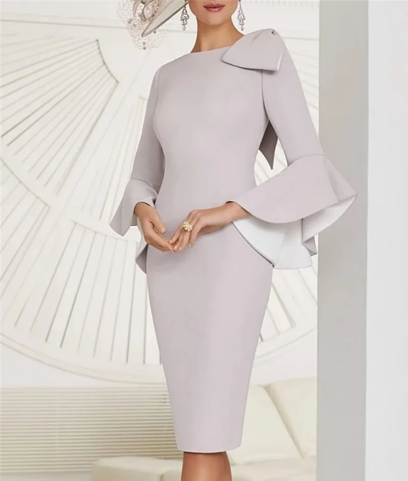 

2022 Silver Mother of the Bride Dress Elegant Jewel Knee Length Long Sleeve with Bow Formal Party Gown Robe De Soiree