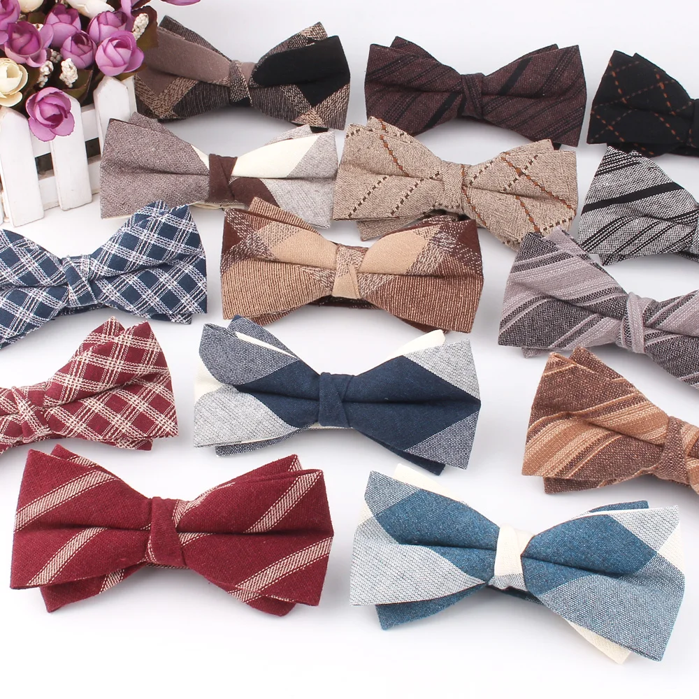 Cotton Bowtie For Groom Fashion Striped Bow tie For Men Women Beige Brown Bow knot Adult Plaid Bow Ties Cravat Groomsmen Bowties