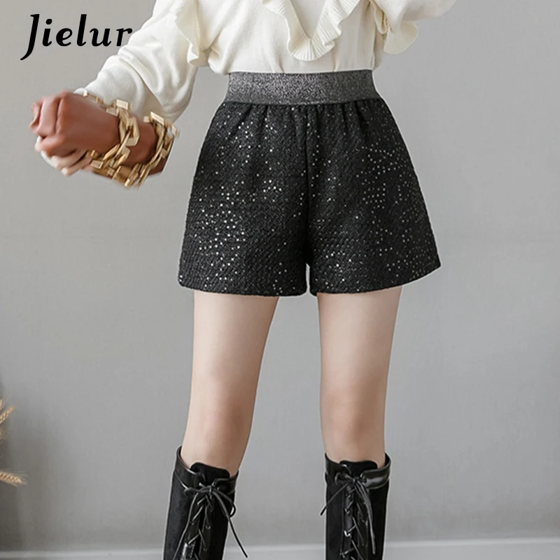 Jielur Shorts Women Autumn Black Elastic Waist Trousers Chic Slim Winter Pocket Short Femme A-line Bling Ladies Bottom S-XXL