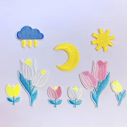 Flowers Patches Clothing Embroidered Stripes Yellow Moon Sun Badges Iron on Transfer Daisy Appliques Stickers for Clothes