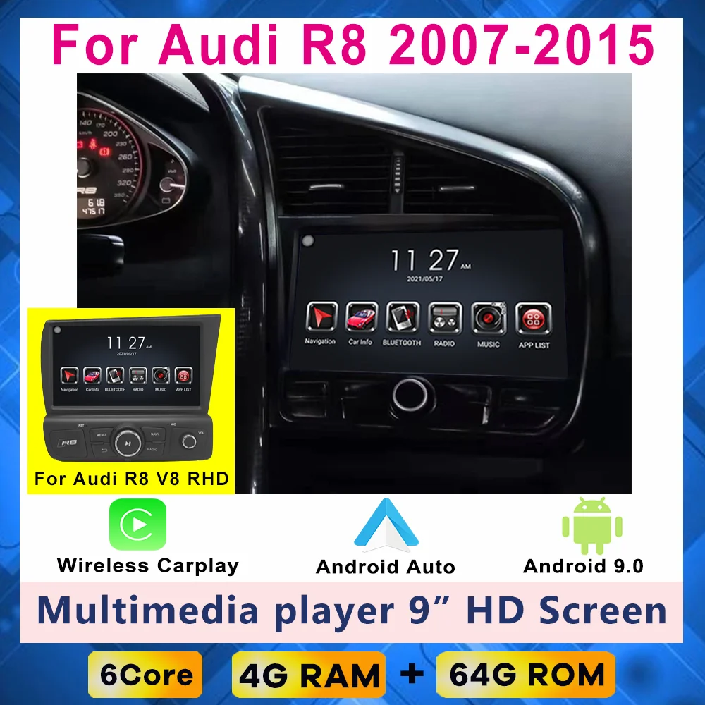 Android Car Multimedia Player GPS Navi Radio with Caprlay android auto VideoFor Audi R8 V8 V10 2007- 2015  Head Unit