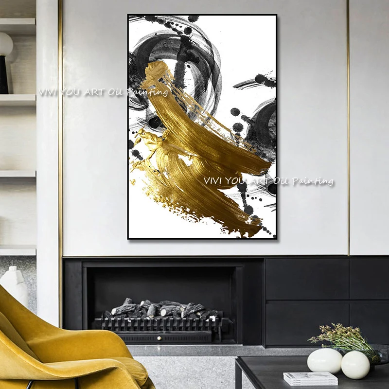 New Abstract Gold Black Frameless 100% Handmade Oil Painting On Canvas Decoration Accessories Wall Art Pictures For Living Room