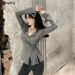 T-shirts Women Solid Fashion Slim Summer New All-match Korean Style Leisure V-neck Irregular Long Sleeve Comfortable Female Tops