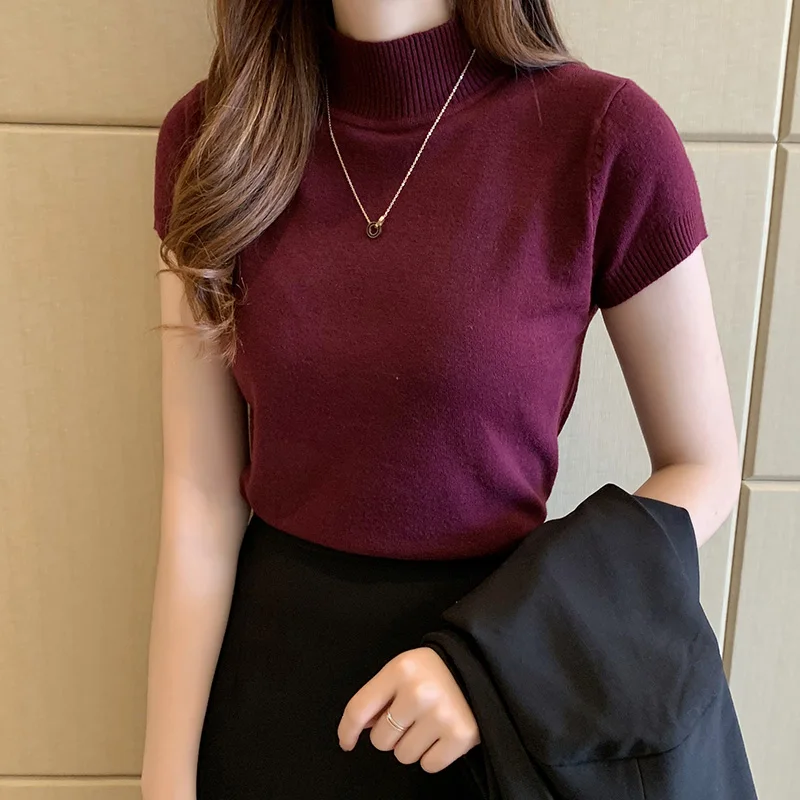 Pearl Diary Women Knitting Tops Short Sleeve Mock Neck Knitted Tshirt Solid Color Basic Style Slim Fit Sweater Tops For Women