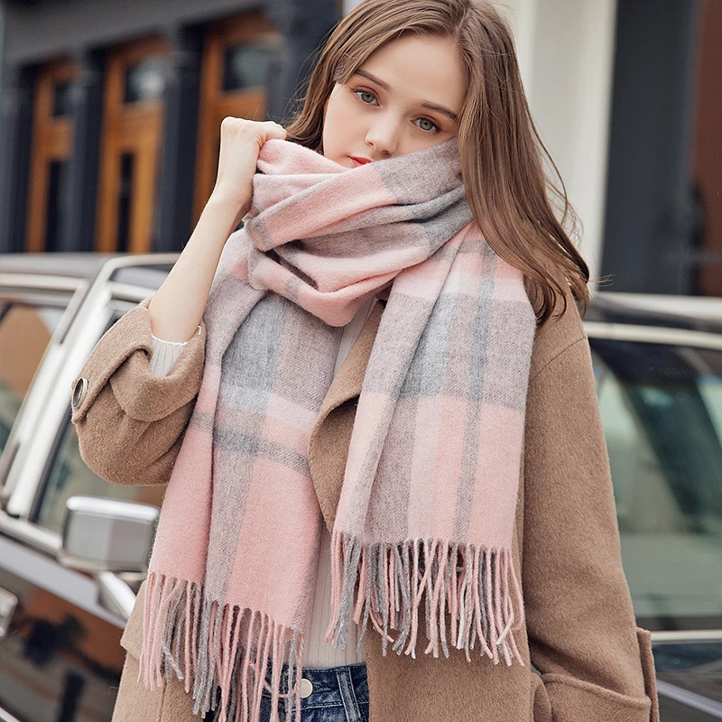 

Wool Scarf Winter Fashion Large Shawls and Wraps Long Warm Neck Scarf Women Thick Sheep Wool Pashmina Plaid Blanket Scarf Girl