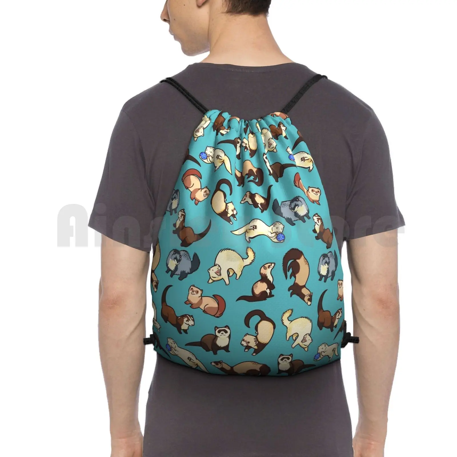 Cat Snakes In Blue Backpack Drawstring Bags Gym Bag Waterproof Ferret Ferrets Pattern Patterns Cute