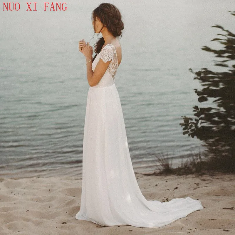 Vestidos de novia de playa baratos, gran oferta, cuello en V, manga casquillo, falda de gasa acampanada, Top de encaje, espalda abierta, vestidos de novia bohemios, 2022