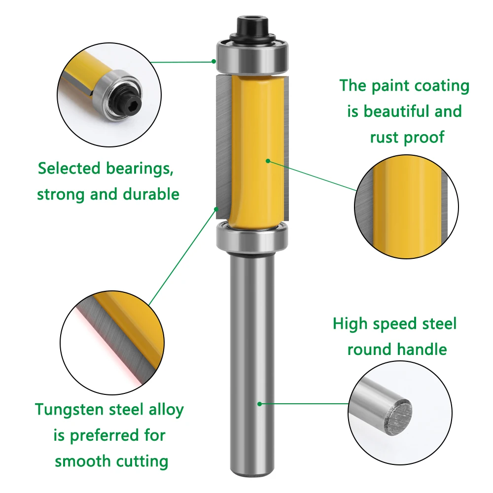 LAVIE 1pcs 8mm shank Double Bearing Straight 1 Inch Trim Router Bit Trimming Knife Milling Cutter Carbide Flush Woodworking