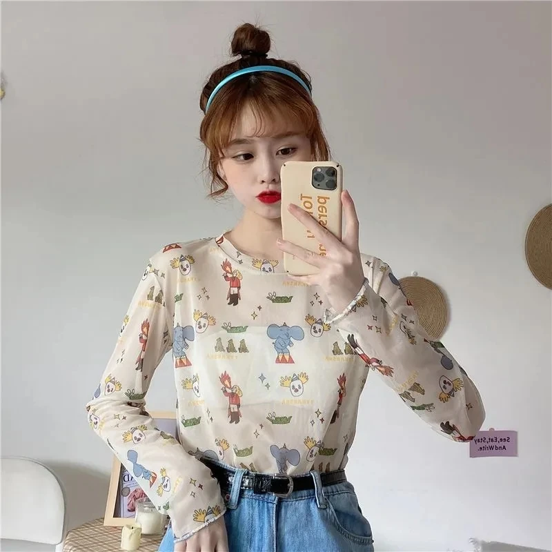 Long Sleeve Tees Trend Cute Anime Sunscreen Thin Top Japanese style Cartoon Aesthetic Tulle Fashion Women\'s Summer Clothing