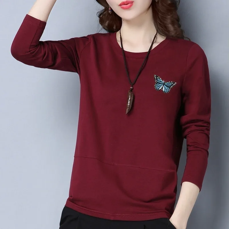 PEONFLY Fashion Spring Summer Women T Shirts O Neck Loose Long Sleeve Tee Embroidery Retro Harajuku Shirts Female Tops