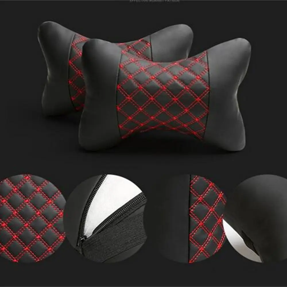 2 Pieces Car PU Leather Headrest Neck Pillow Head Neck Pillow Seat Back Support Cushion