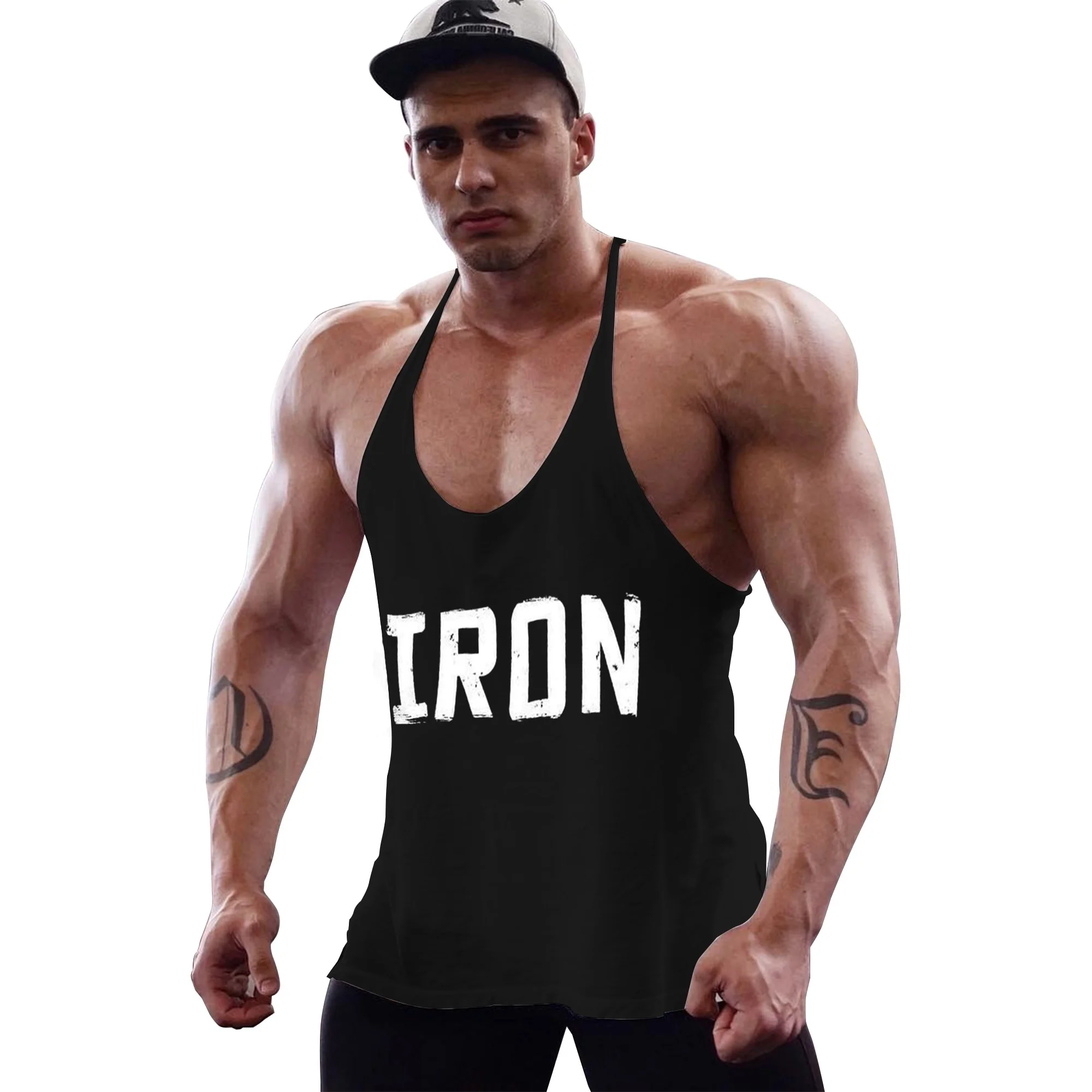 Men\'s Gym Workout Bodybuilding Tank Tops Y Back Fitness Thin Shoulder Strap Muscle Fit Stringer Printed Extreme Tee