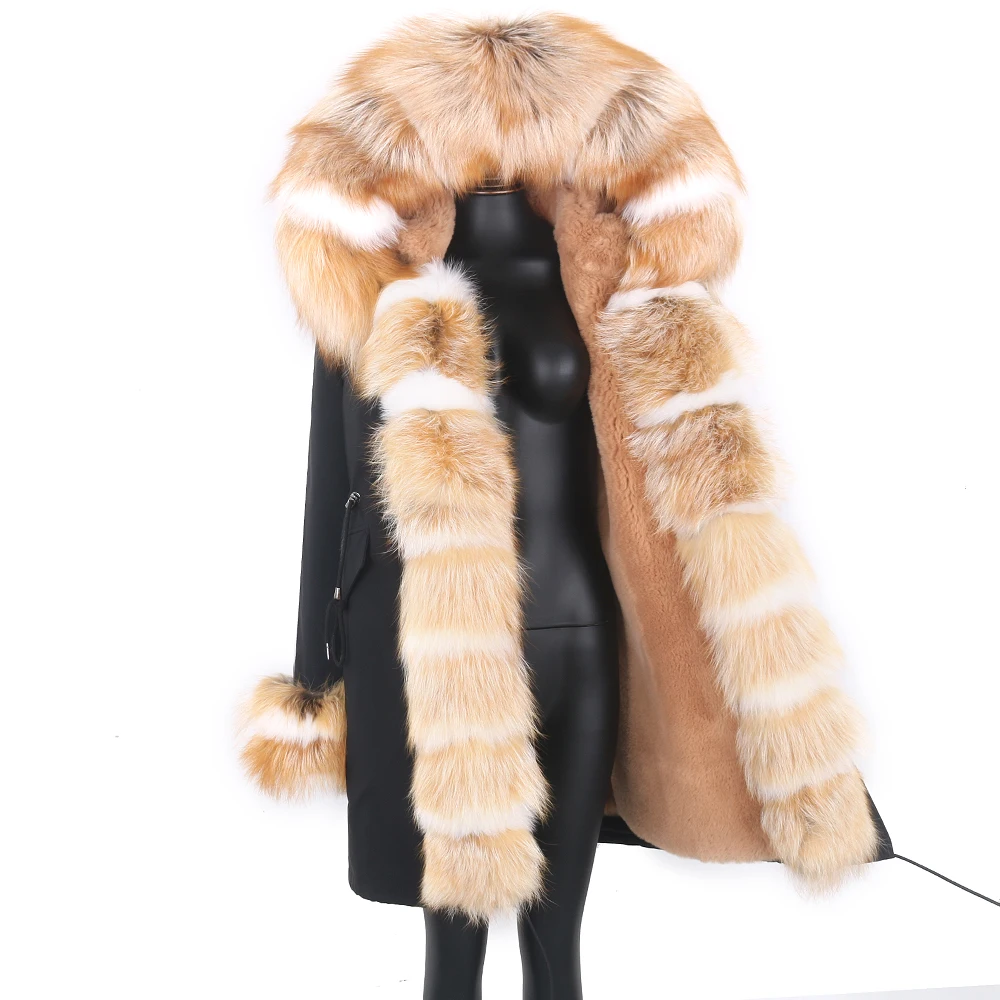 

Winter Women Real Fur Coat Thick Warm Parka Long Jacket Fashion Streetwear with Faux Fur Liner and Large Fox Fur Collar