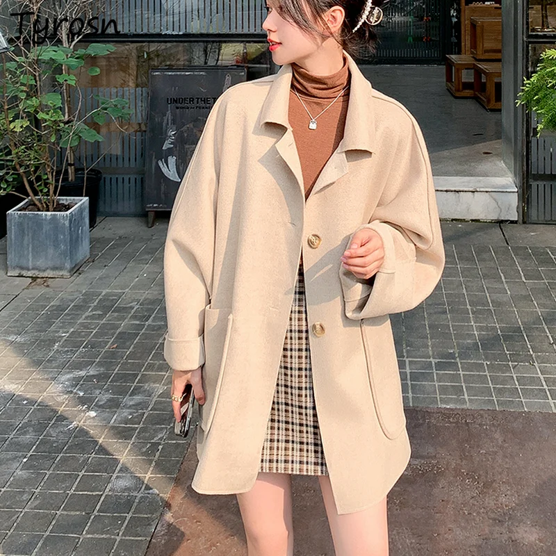 

Women Wool Blends Coats Elegant Lady Solid Retro All-match Streetwear Femme Leisure Fashionable Lovely Girls Chic Sweet Mujer