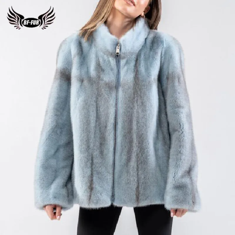 BFFUR Fashion Blue Natural Fur Coats For Women New Trendy Whole Skin Genuine Mink Fur Jackets Stand Collar Luxury Fur Coats