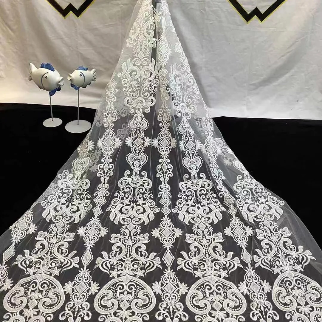 

(5yards/pc) High grade white African wedding lace delicate embroidered French net lace with lots of tube beads for dress FAX007