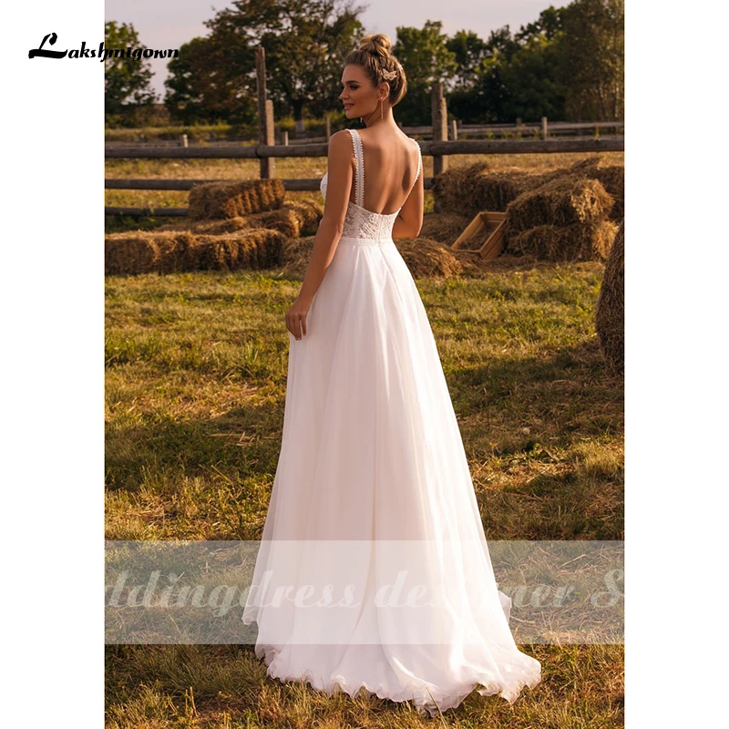 Personalizar Boho A-Line vestido de novia de alta calidad sin mangas sin espalda tren de barrido blanco marfil gasa vestidos de novia Robe De Mariée