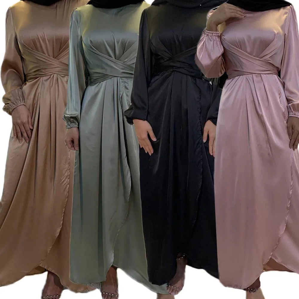 

Women Long Dress Solid Satin Muslim Ramadan Islamic Maxi Robe Malaysia Dubai Singapore Bandage Abaya Kaftan Arab Fashion