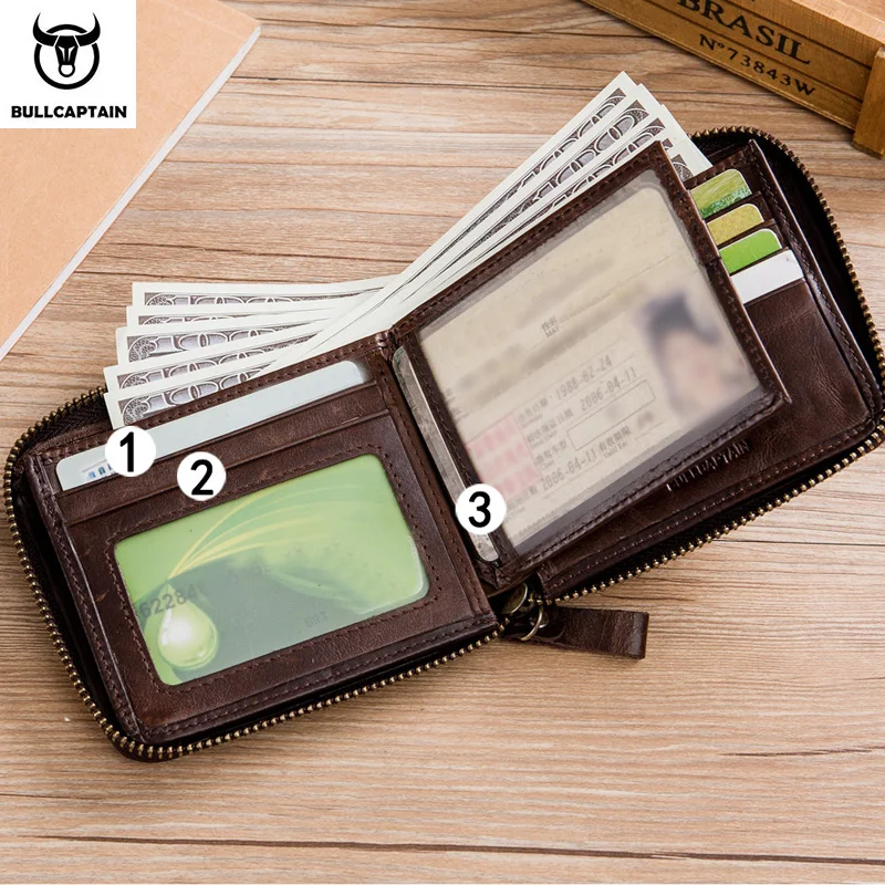 BULLCAPTAIN Genuine Leather Men\'s Wallet Vintage Zipper with Partition Clip RFID Credit Card Holder Burglar Leather Mini Wallet