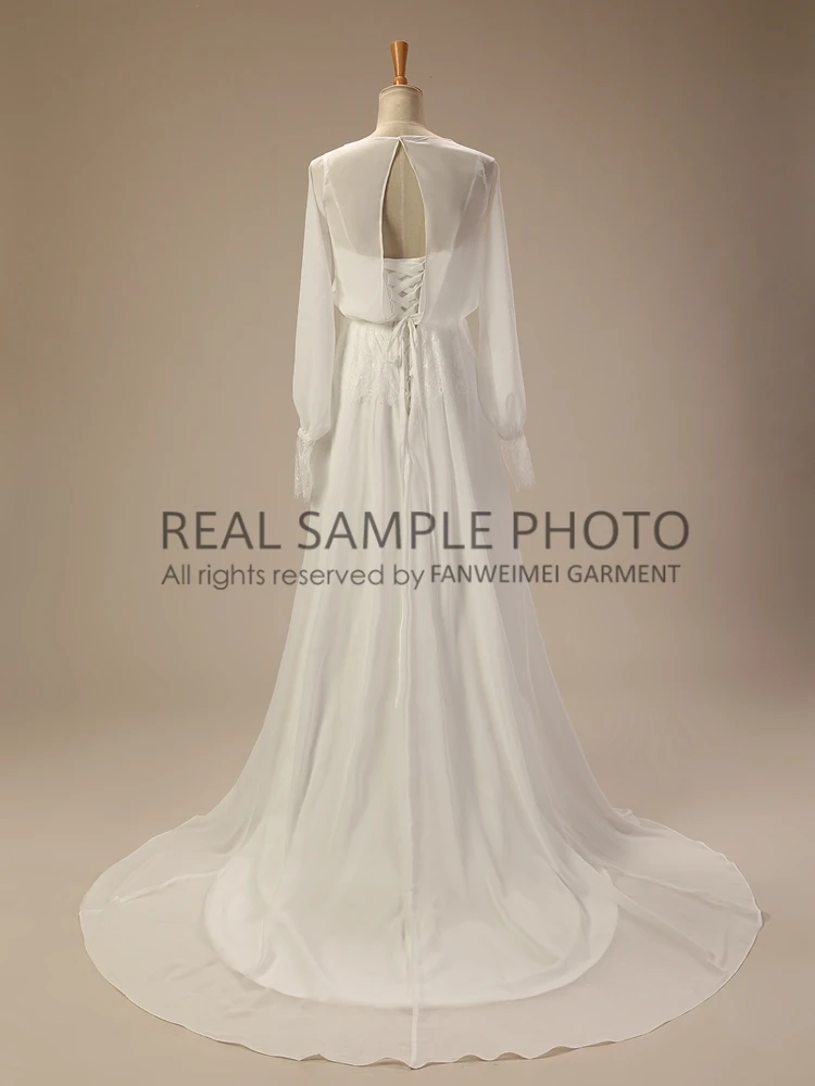 Chiffon manica lunga a-line semplice staccabile abito da sposa da sposa vero campione foto prezzo di fabbrica