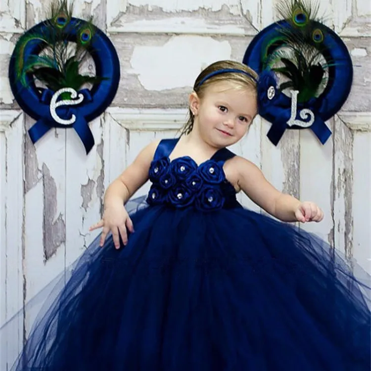 Girls Navy Pearl Flower Tutu Dress Kids Tulle Strap Evening Dress Ball Gown with Hairbow Children Birthday Party Costume Dresses