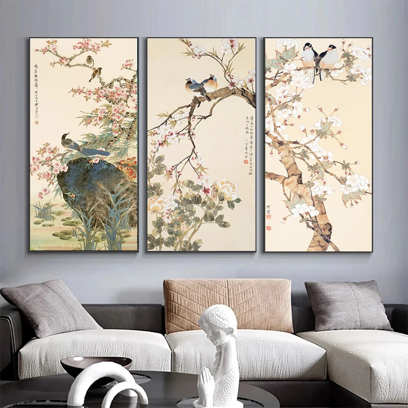 Chinese Style Flowers and Bird Canvas Painting Bird Singing on Plum Blossom Artistic Wall Art Picture Posters for Home Decor