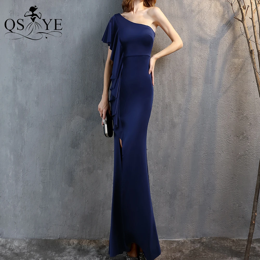 Ruffles Navy Evening Dresses Stretch Sheath Long Prom Gown One Shoulder Simple Party Dress Sexy Split Woman Formal Dress 2021