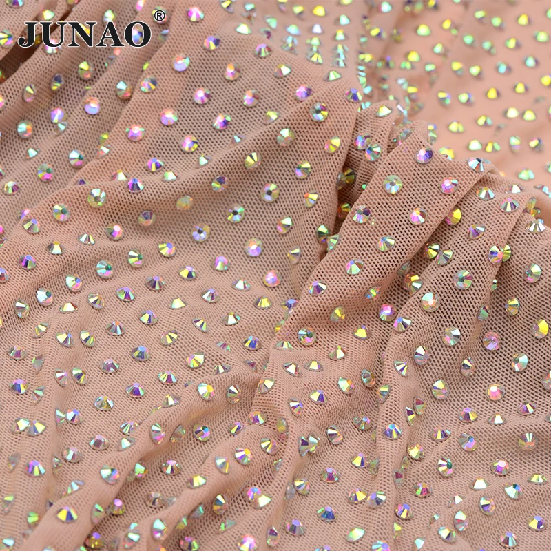 JUNAO 1x1.5 Meter Nude Mesh AB Glass Rhinestone Sheet Trim Crystal Applique Ribbon Elastic Strass Banding For Dress Decoration