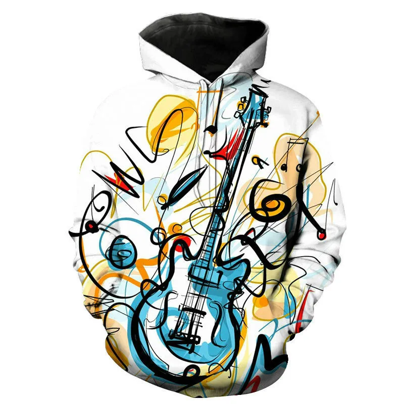 Music Notes 3D Printed Hoodie Popular Hip Hop Music Guitar Pullover Sleeve Men Street Women Throw Hoodie